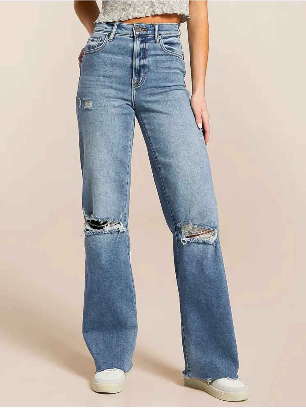 HIDDEN Mid-Rise Light Blue Distressed Wide-Leg Jeans